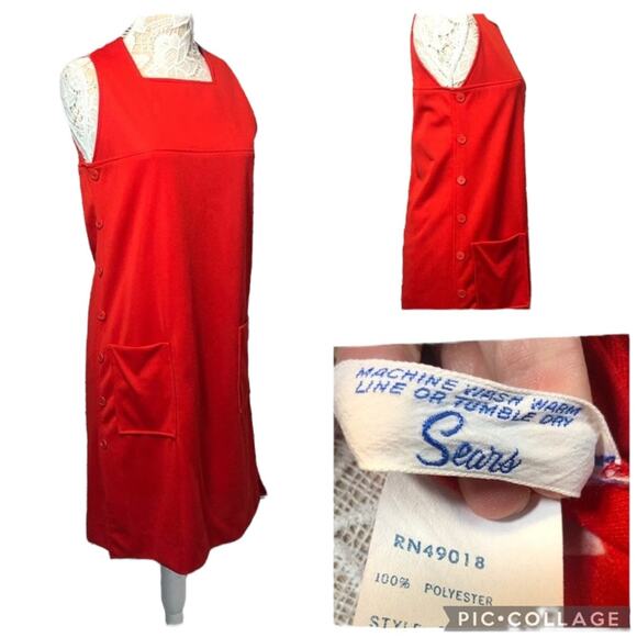 Vintage SEARS 1970 jumper dress with pockets and buttons downside in red size 12 - Picture 1 of 12